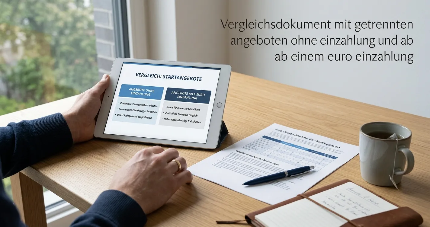 Vergleichsdokument mit getrennten Angeboten ohne Einzahlung und ab einem Euro Einzahlung