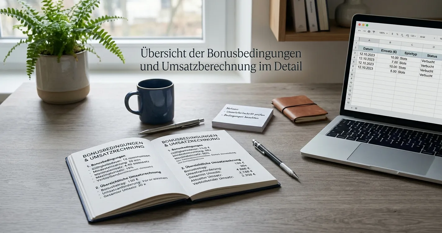Schreibtisch mit Bonusbedingungen und übersichtlicher Umsatzrechnung