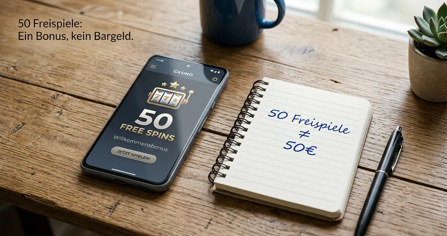 Smartphone zeigt Casino-App mit Freispiel-Angebot statt Bonusgeld