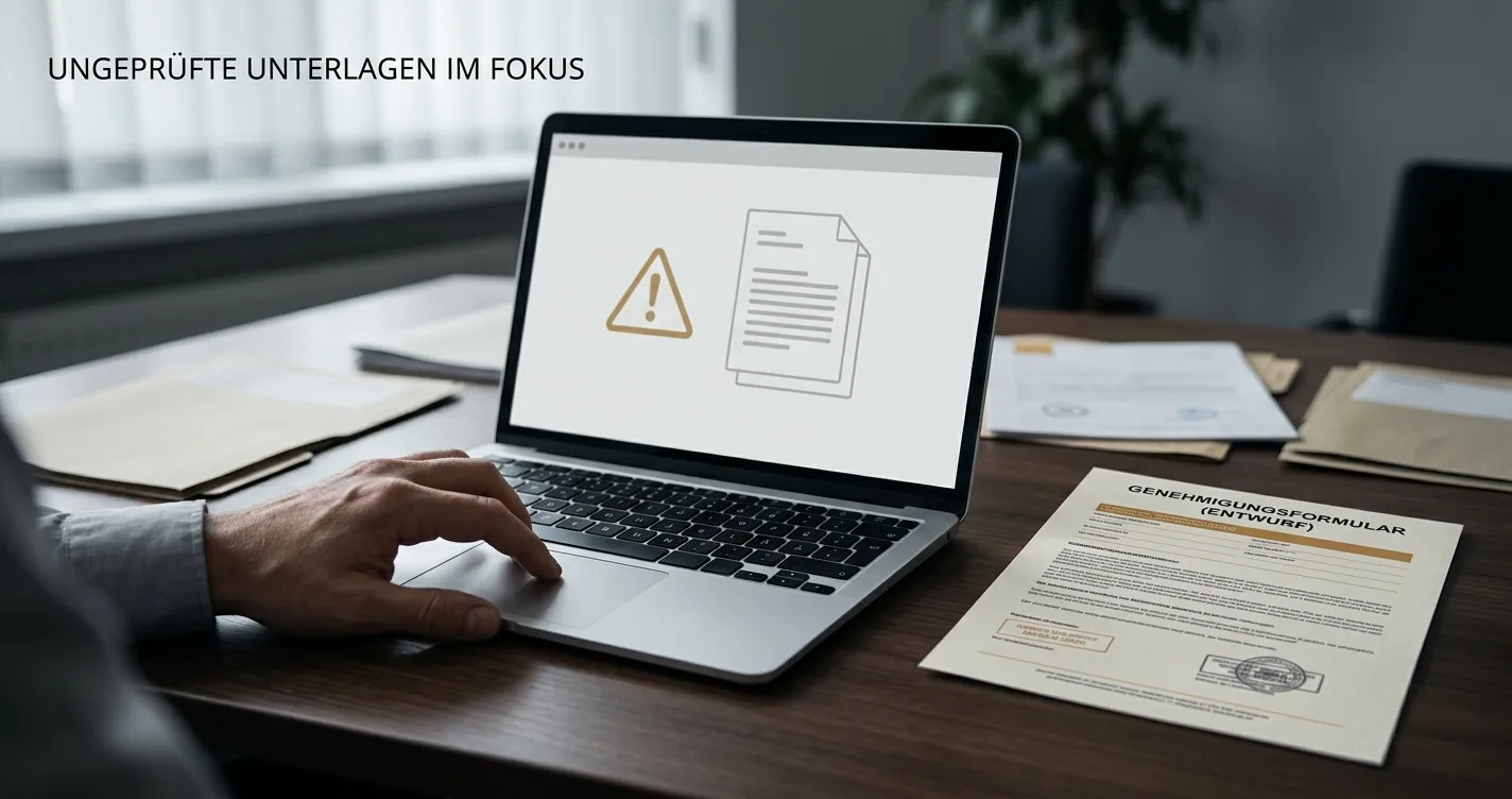 Neutrales Warnsymbol neben einer ungeprüften Anbieterangabe auf einem Laptop