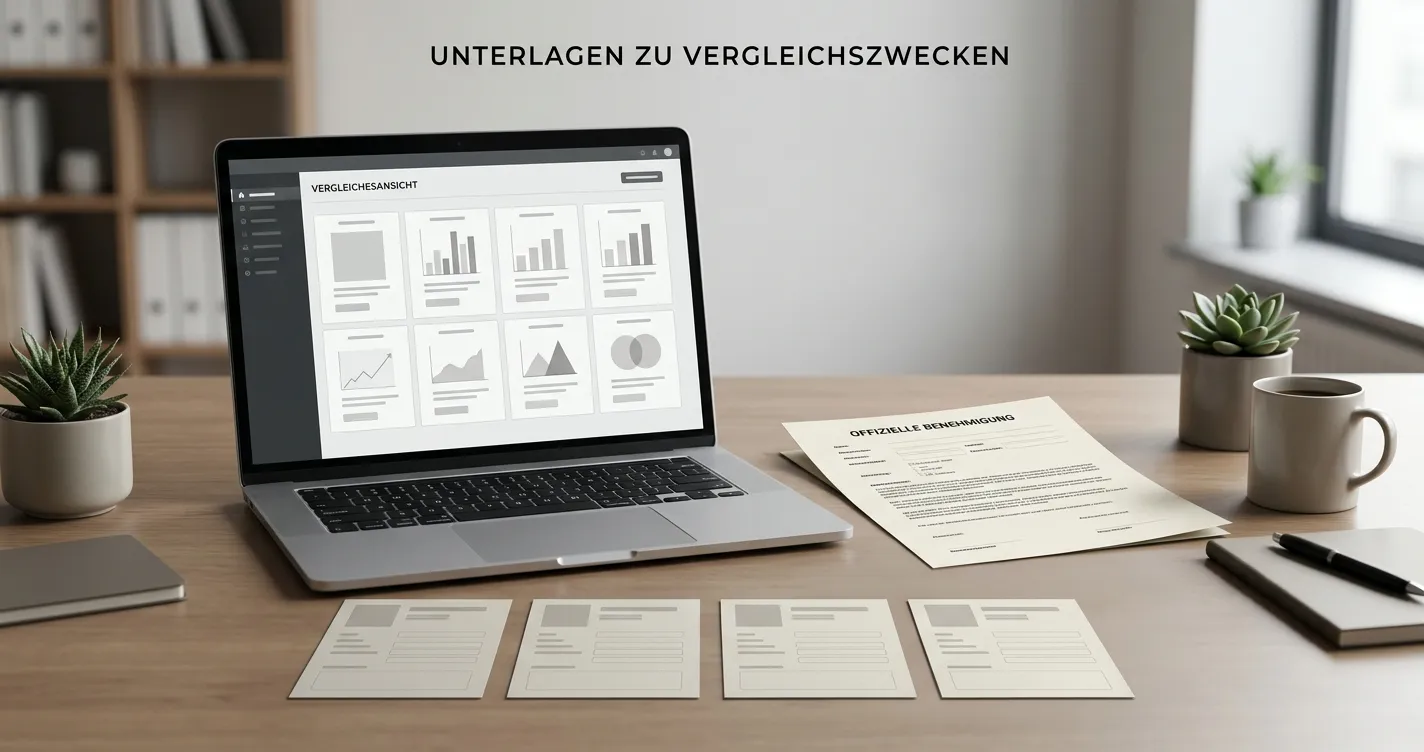 Neutraler Vergleich zugelassener Online-Anbieter auf Laptop und Notizblatt ohne Logos