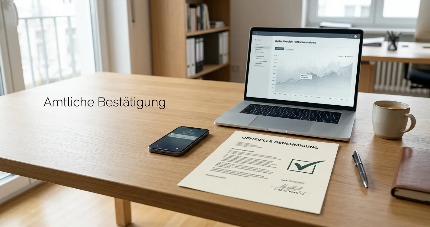 Neutrales deutsches Erlaubnisdokument neben Smartphone und Laptop