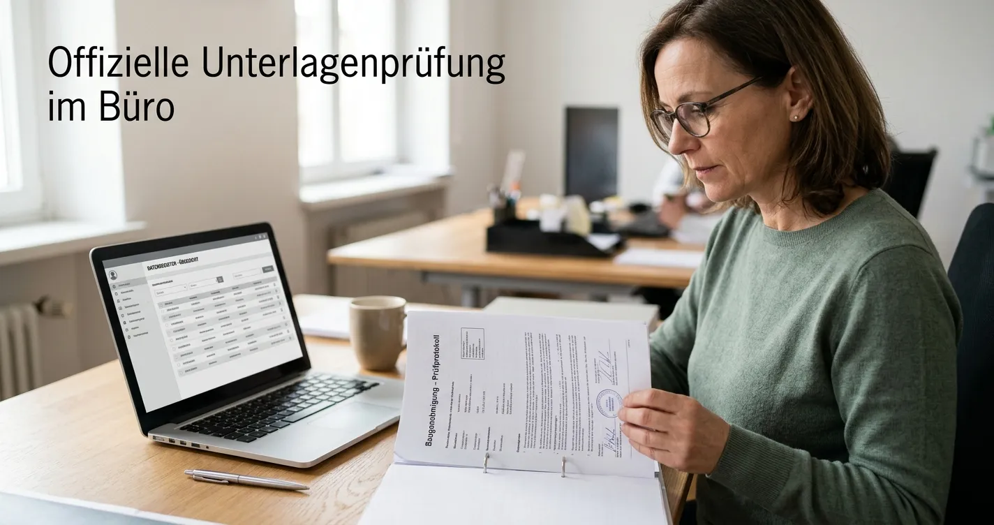 Neutrale Prüfliste neben einem staatlichen Erlaubnisdokument