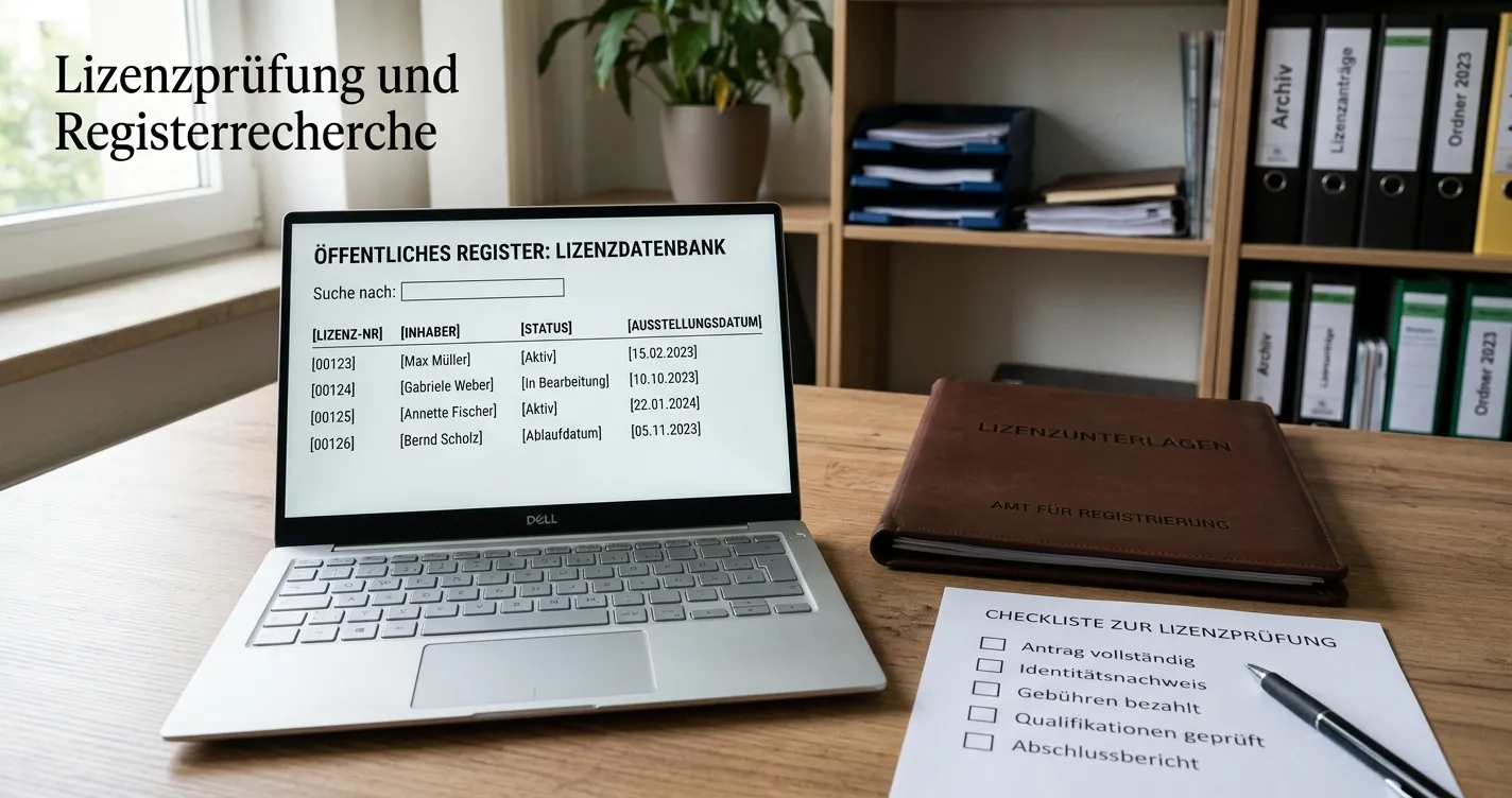Neutraler Lizenzordner mit Prüfliste und Laptop ohne erkennbare Marken