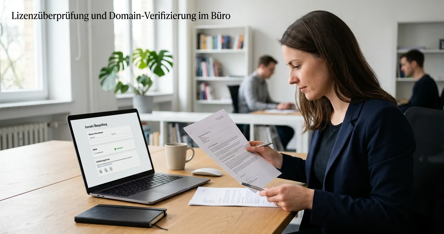 Person prüft Lizenzdokument und Domainangabe an einem Laptop