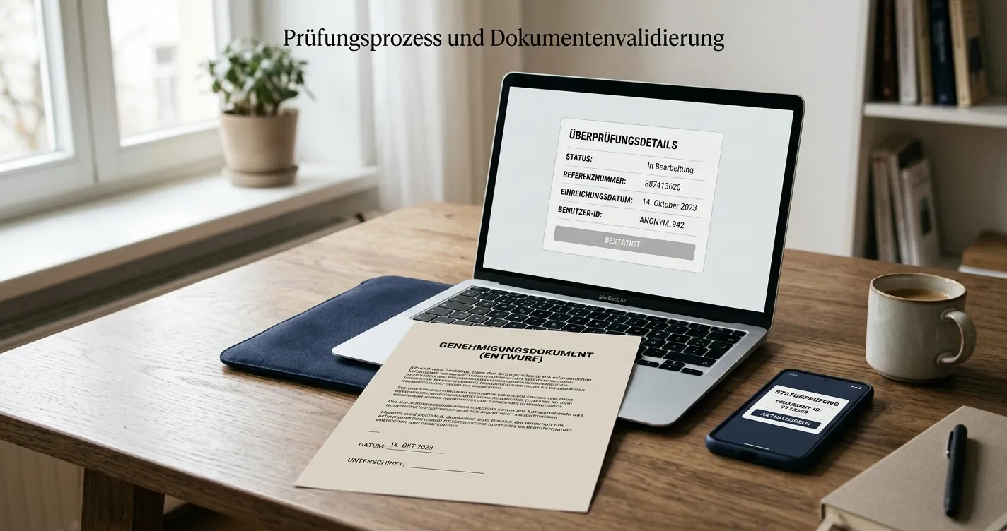 Neutrales Dokument mit Prüfsiegel neben Smartphone und Laptop