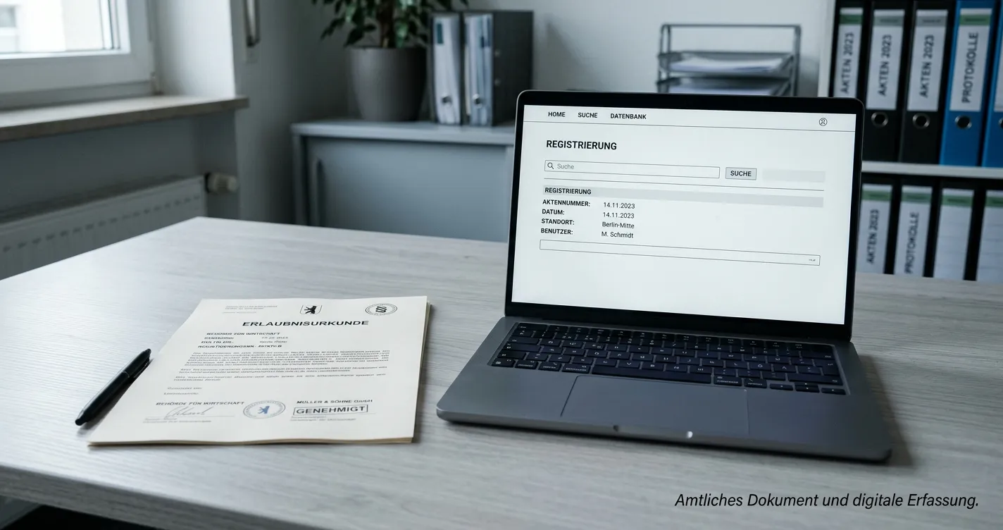 Neutrales Dokument mit Prüfsiegel und Laptop ohne erkennbare Marken
