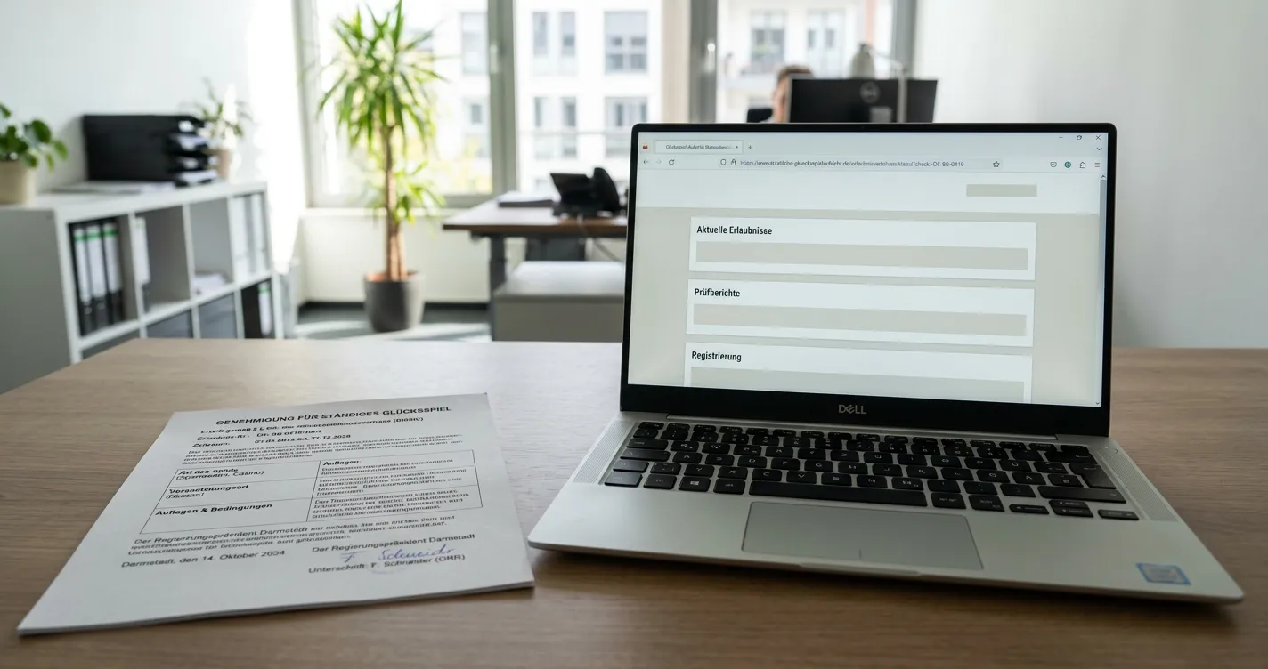 Neutrales Dokument zur deutschen Glücksspielerlaubnis neben einem Laptop