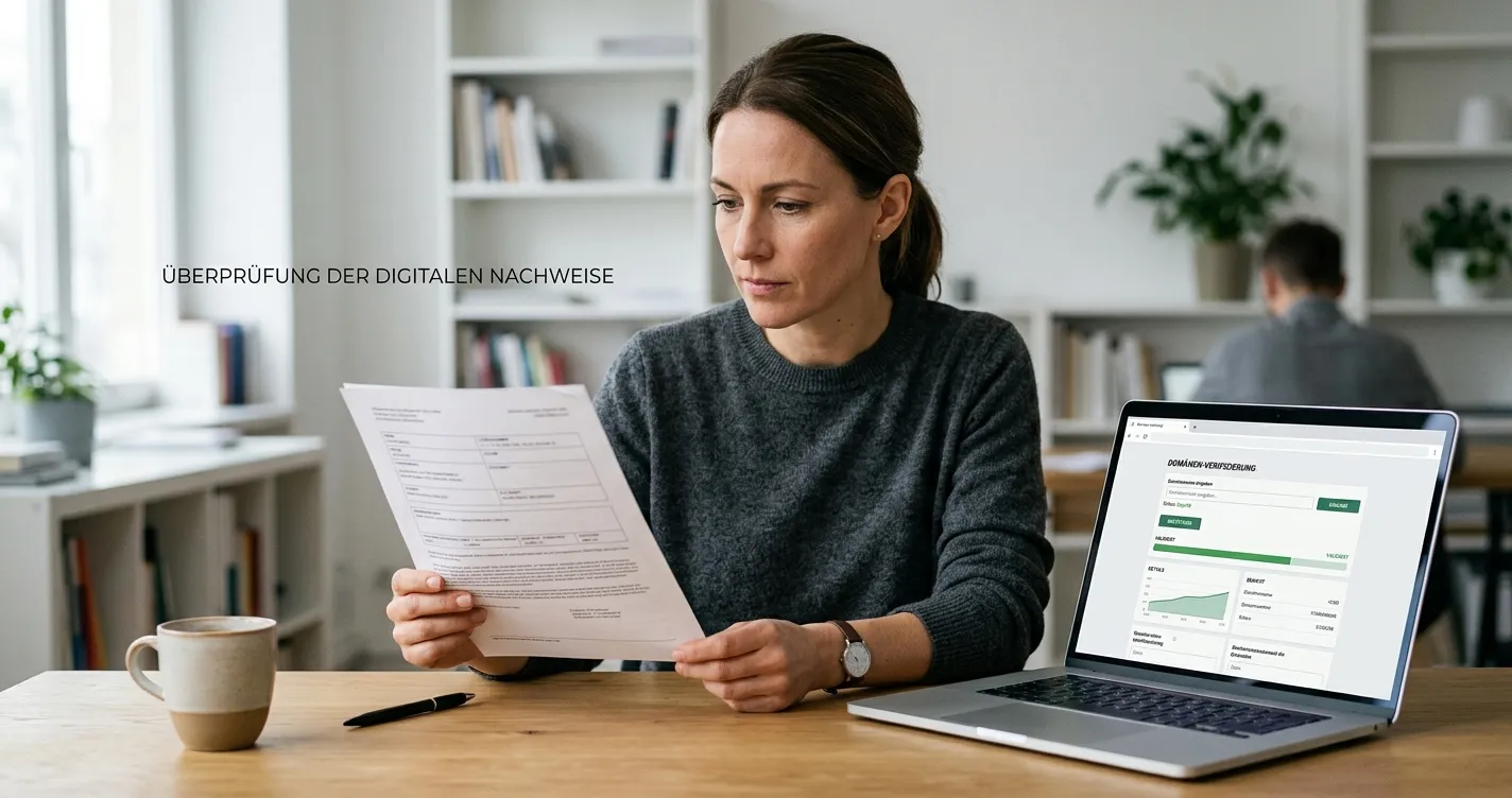 Neutrale Prüfliste mit Lizenznummer und Domainangaben auf einem hellen Arbeitstisch
