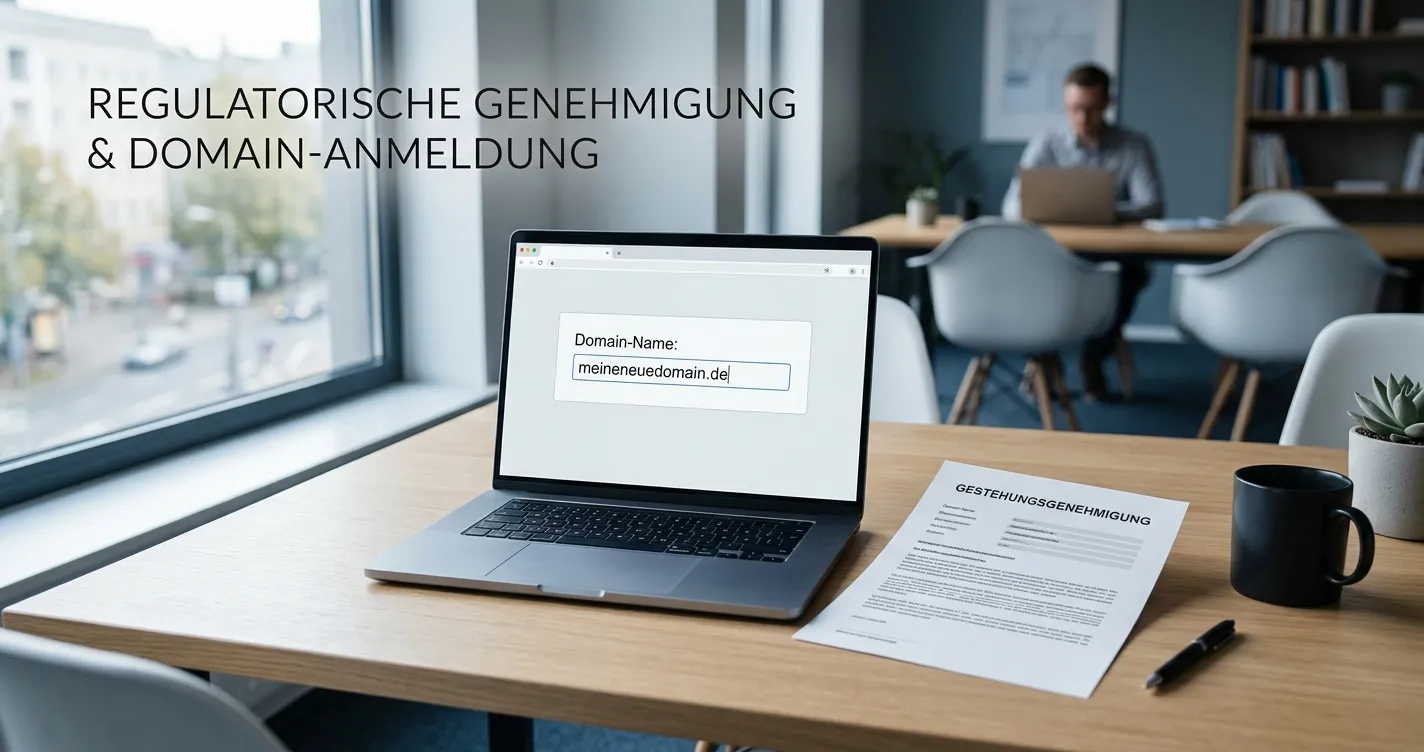 Neutrales Erlaubnisdokument neben einem Laptop mit unbeschrifteter Domainzeile