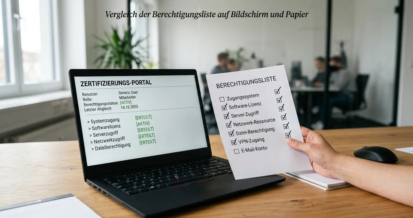 Hand prüft eine neutrale Anbieterkarte und eine Zulassungsliste auf einem Bildschirm
