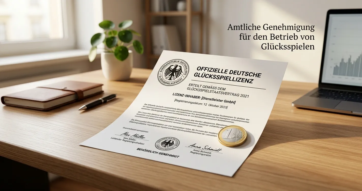 Deutsches Lizenz-Dokument der GGL mit Euro-Symbol und 1-Euro-Münze auf Schreibtisch