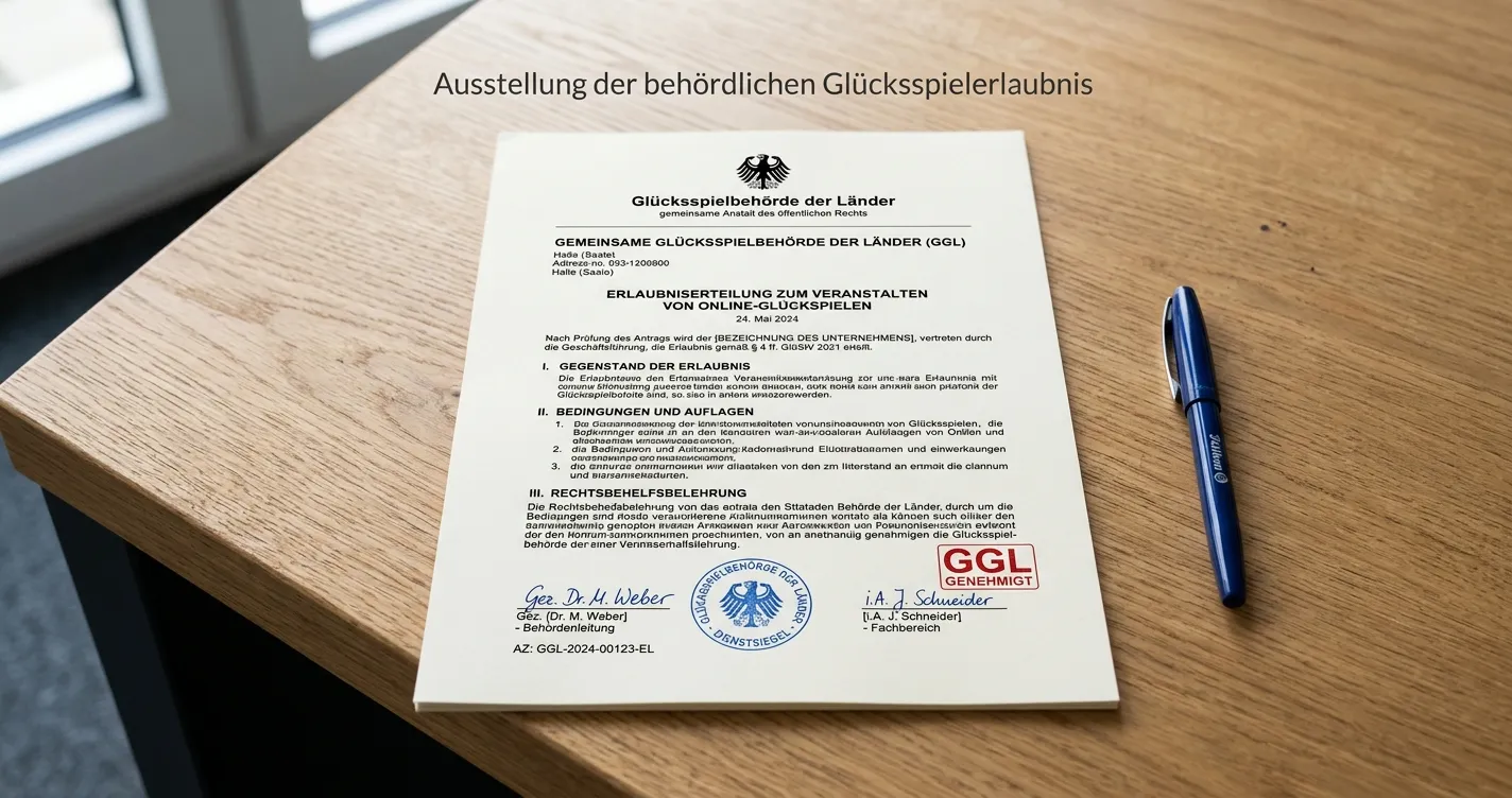 Offizielles GGL-Lizenzdokument auf Schreibtisch mit Stempel