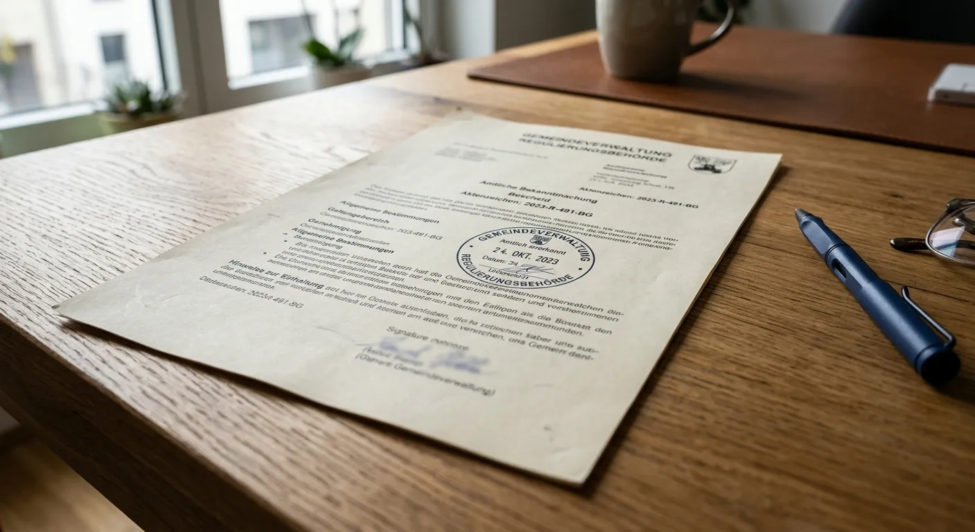 Offizielles Lizenzdokument mit Stempel auf Schreibtisch