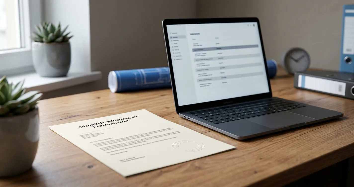 Neutrales Lizenzdokument mit Stempel neben einem Laptop mit Behörden-Whitelist