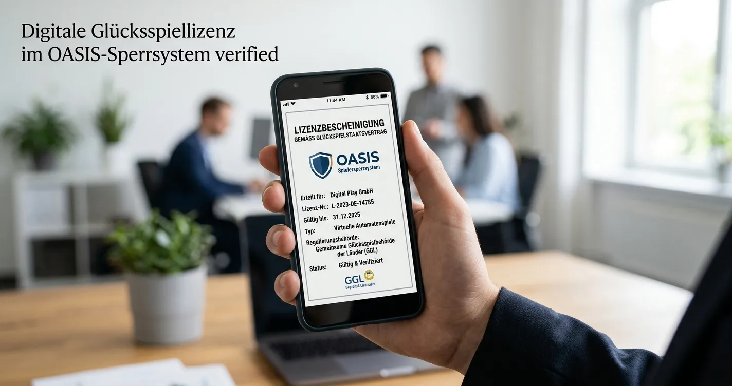 Hand hält Smartphone mit deutscher Casino-Lizenz und OASIS-Logo auf Display