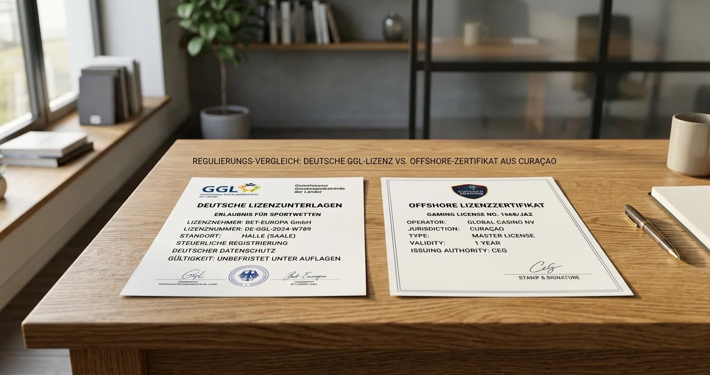 Vergleichsdokument mit GGL-Logo und Offshore-Lizenzen nebeneinander auf Schreibtisch