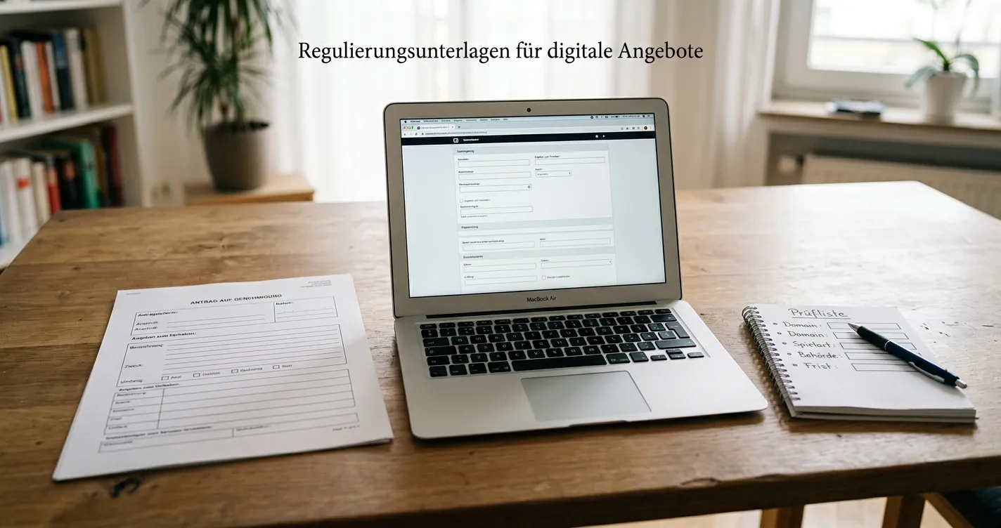 Neutrales Behördenformular neben einer Checkliste für Domain und Glücksspielart