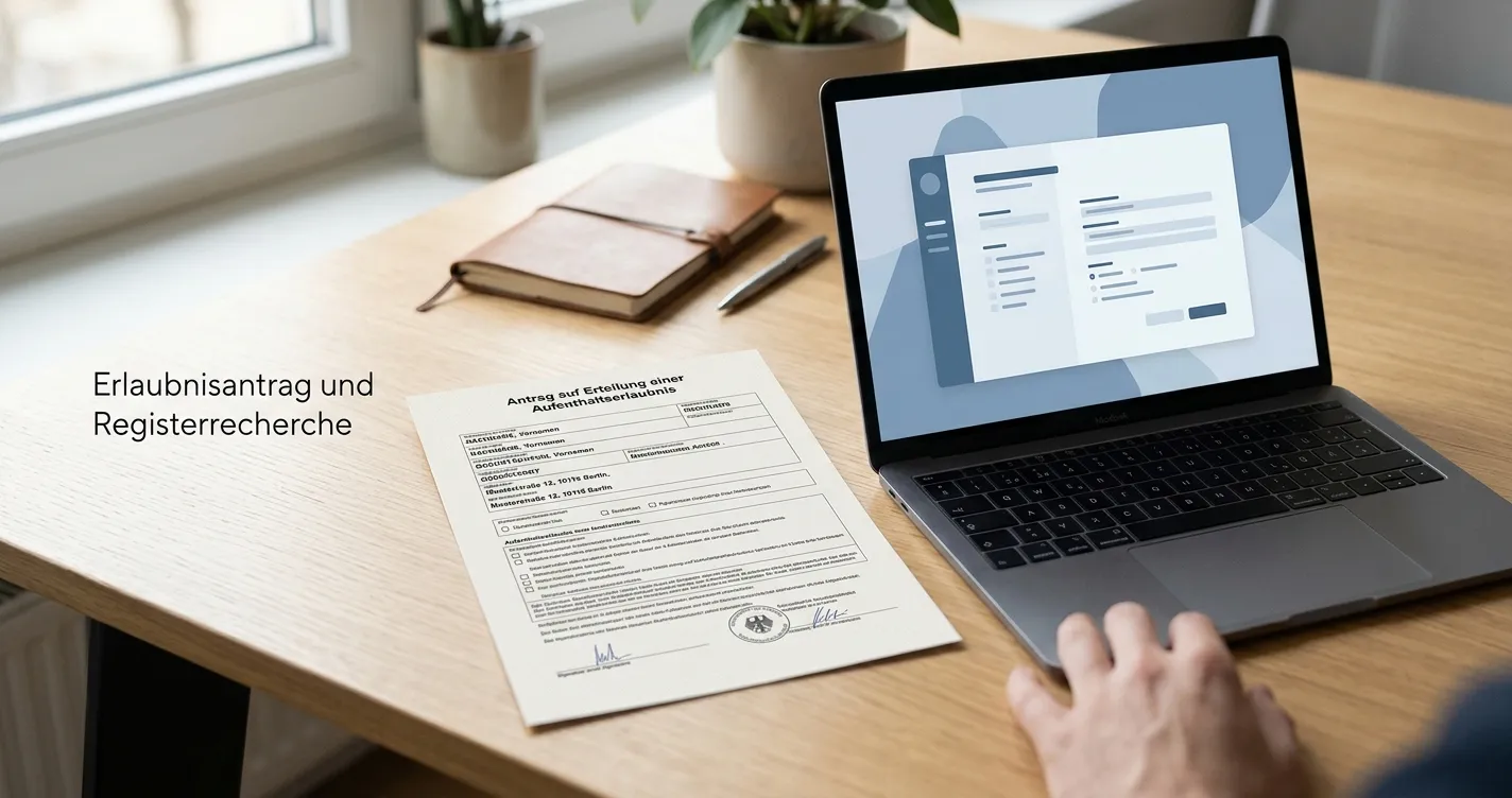 Neutrales deutsches Erlaubnisdokument neben einem Laptop