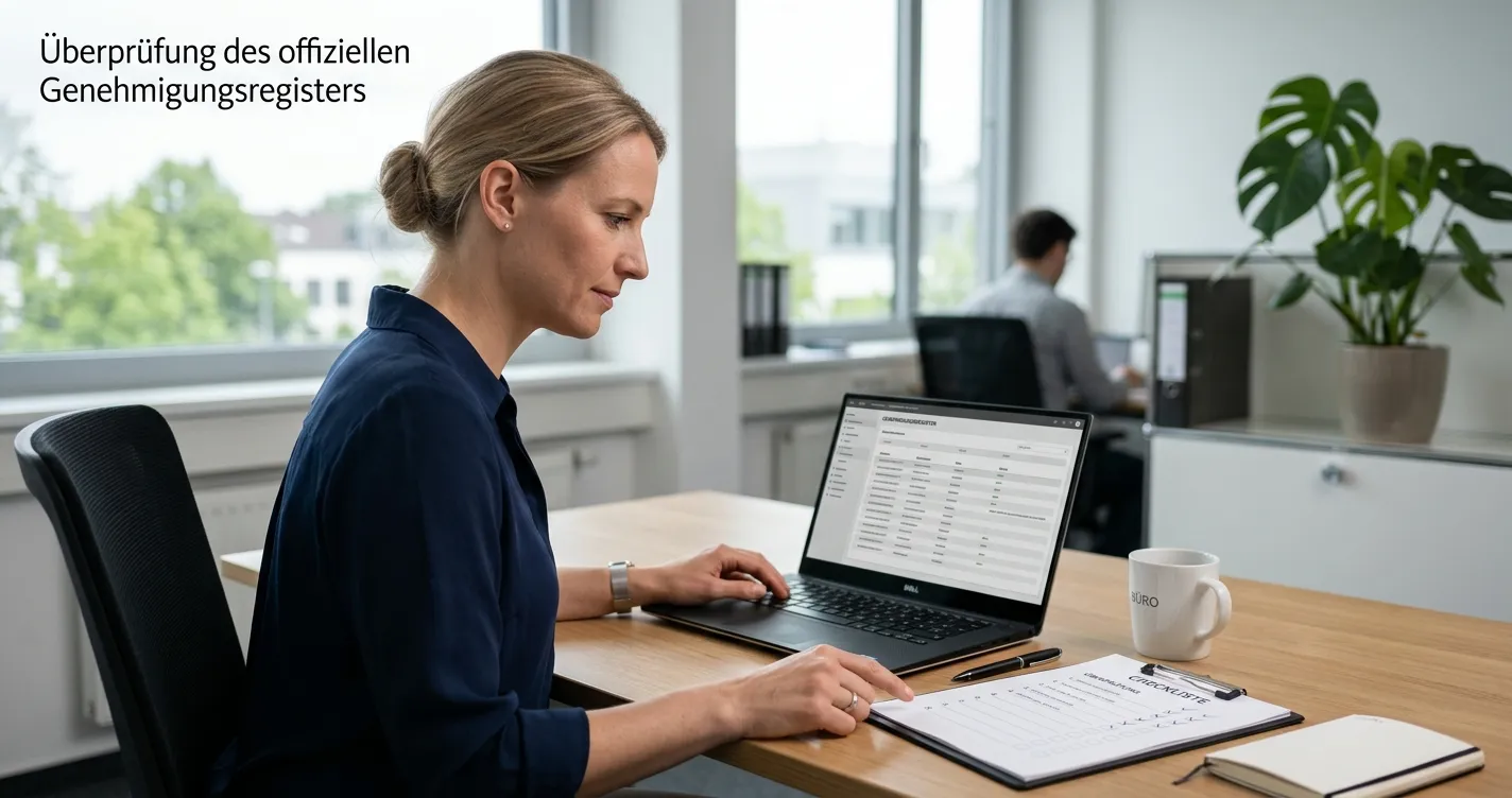 Person prüft eine neutrale Erlaubnisübersicht am Laptop neben einem Notizblatt