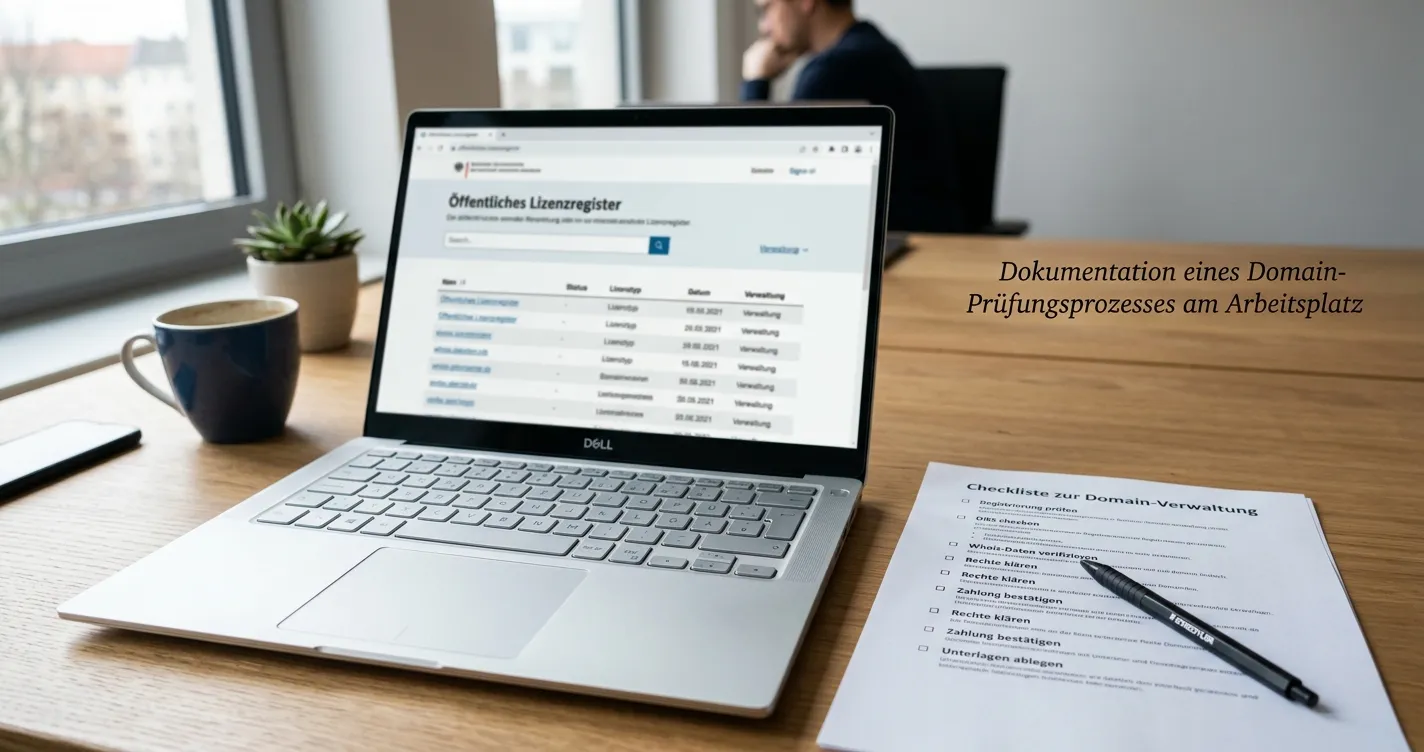Schreibtisch mit GGL-Whitelist und neutralem Browserfenster zur Domainprüfung
