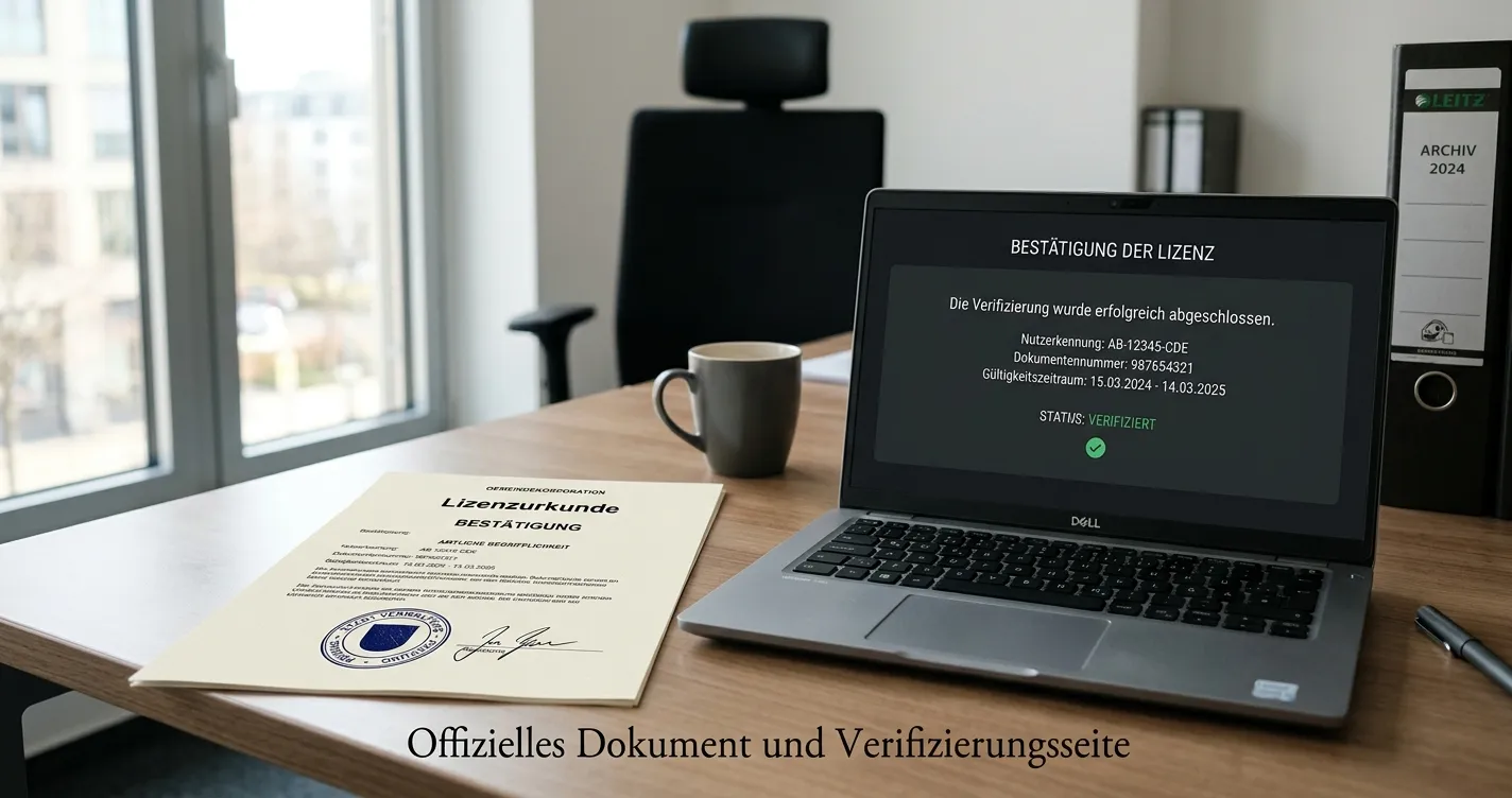 Neutrales deutsches Erlaubnisdokument neben einem Laptop ohne Logos
