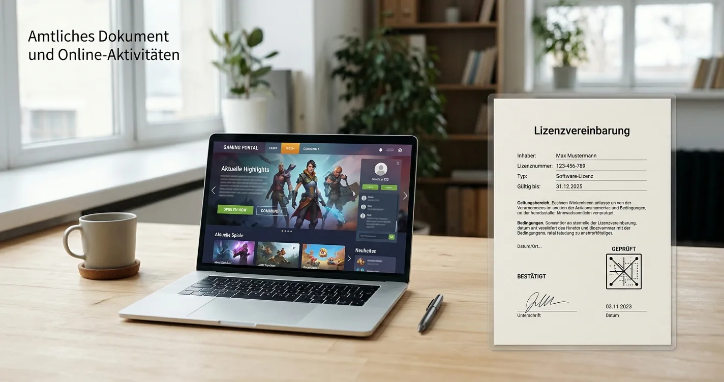 Neutrales Dokument mit Lizenzsymbol und Laptop ohne erkennbare Marken