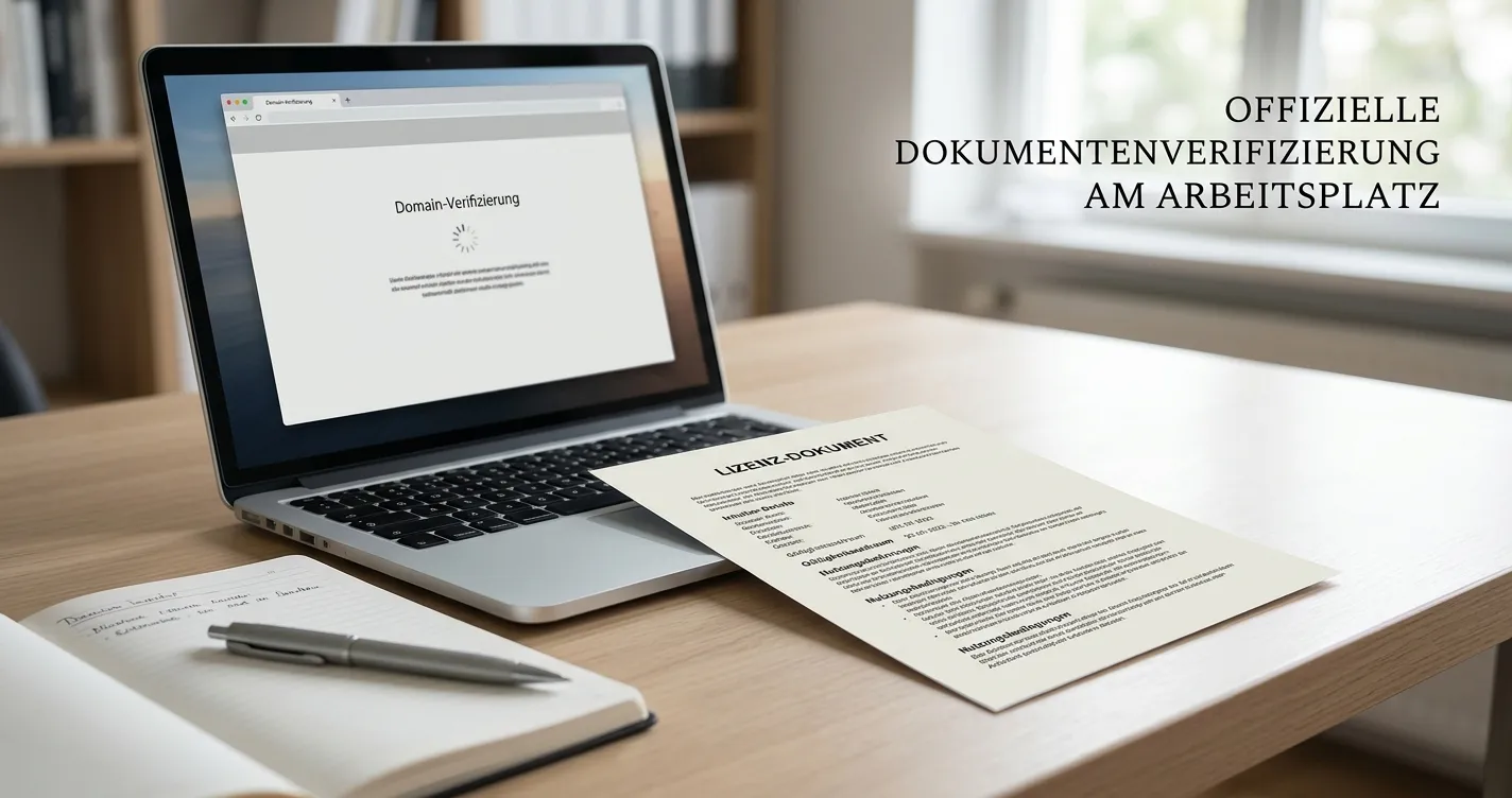 Schreibtisch mit neutralem Lizenzdokument und Domainprüfung