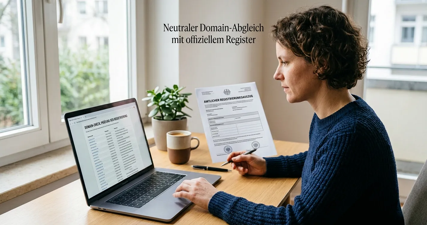 Person gleicht eine neutrale Domainangabe mit einem offiziellen Registerauszug ab