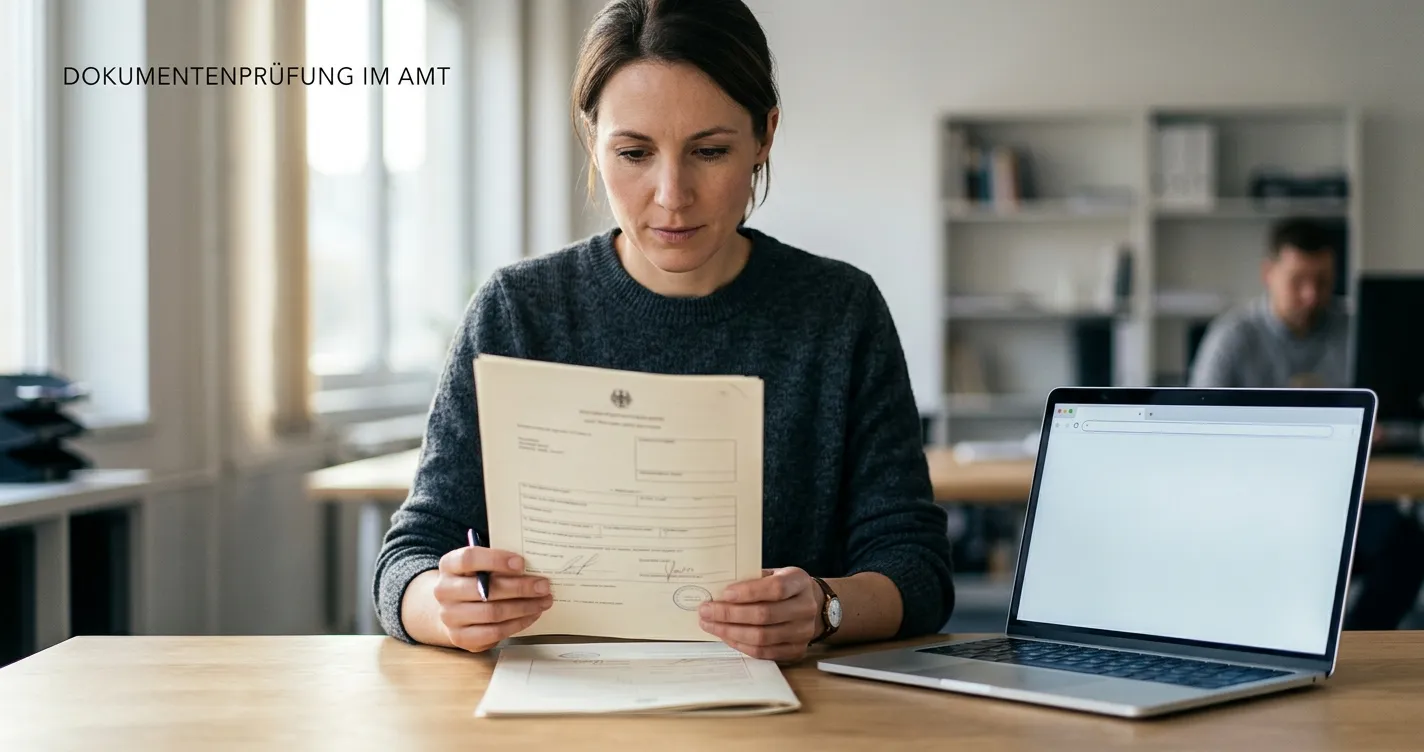 Person prüft eine neutrale Lizenzurkunde und eine Website-Adresse am Laptop