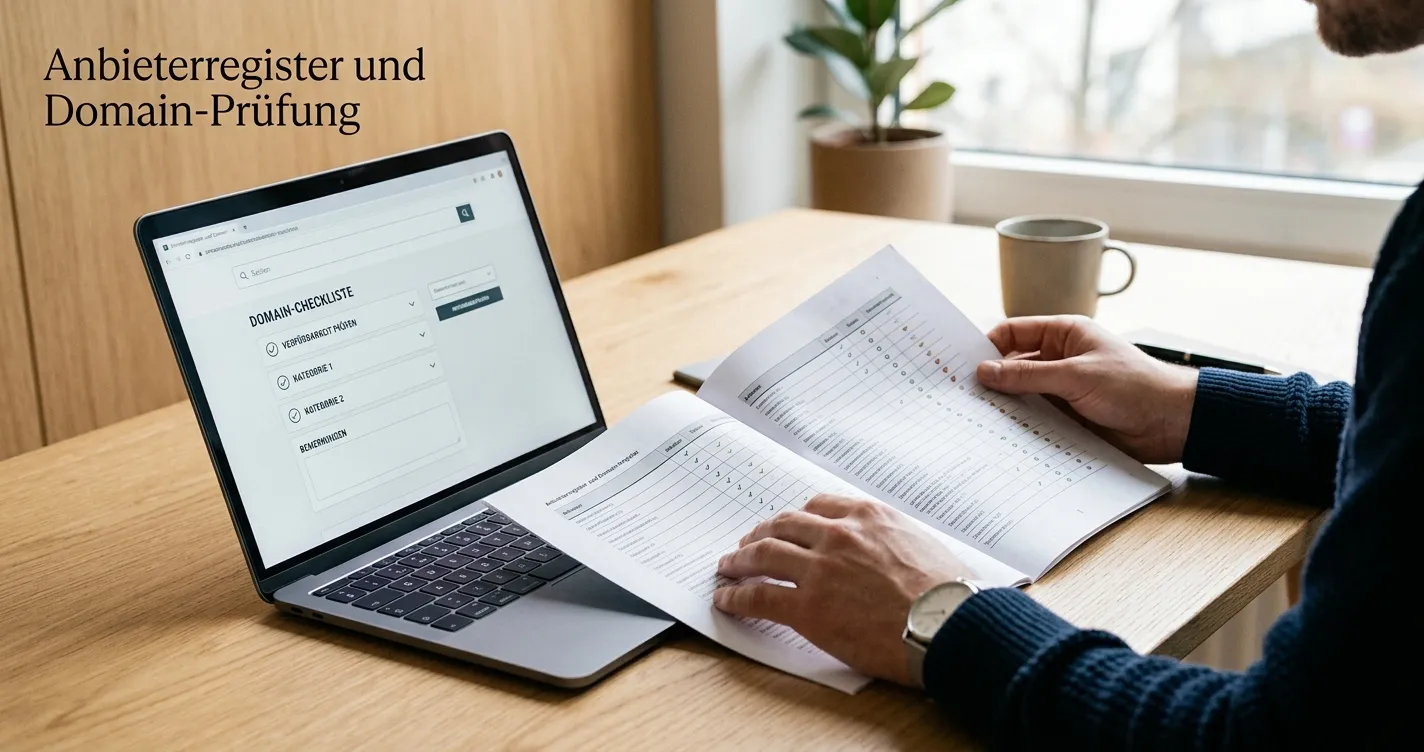 Person prüft eine neutrale Anbieterübersicht und markiert Domain sowie Spielform