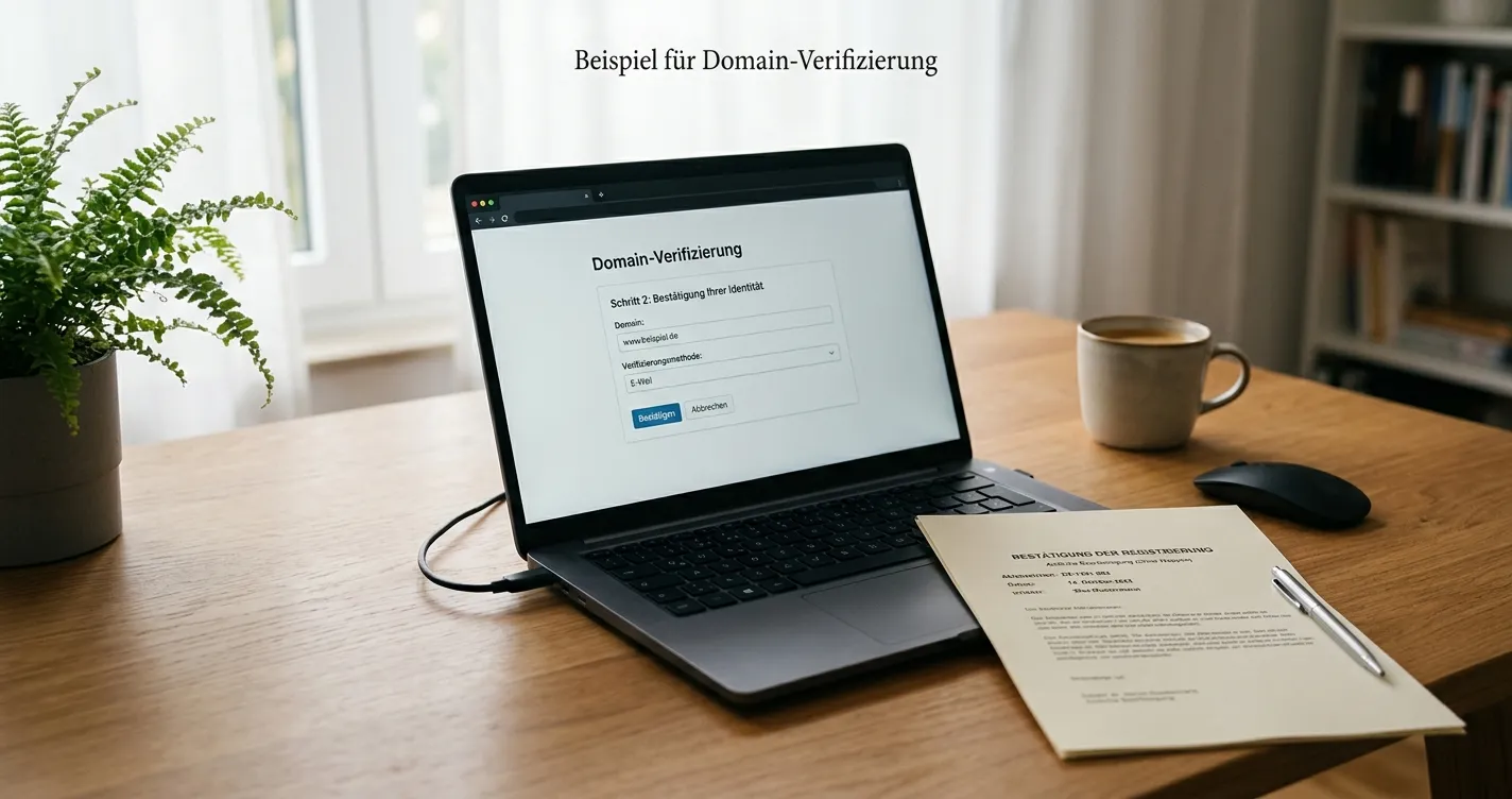 Neutrales Erlaubnisdokument neben Laptop mit geöffneter Domainprüfung