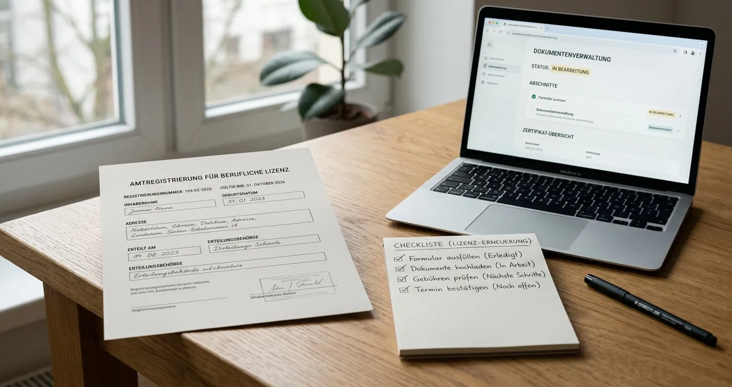 Offiziell wirkendes Lizenzdokument neben Laptop und Notizen