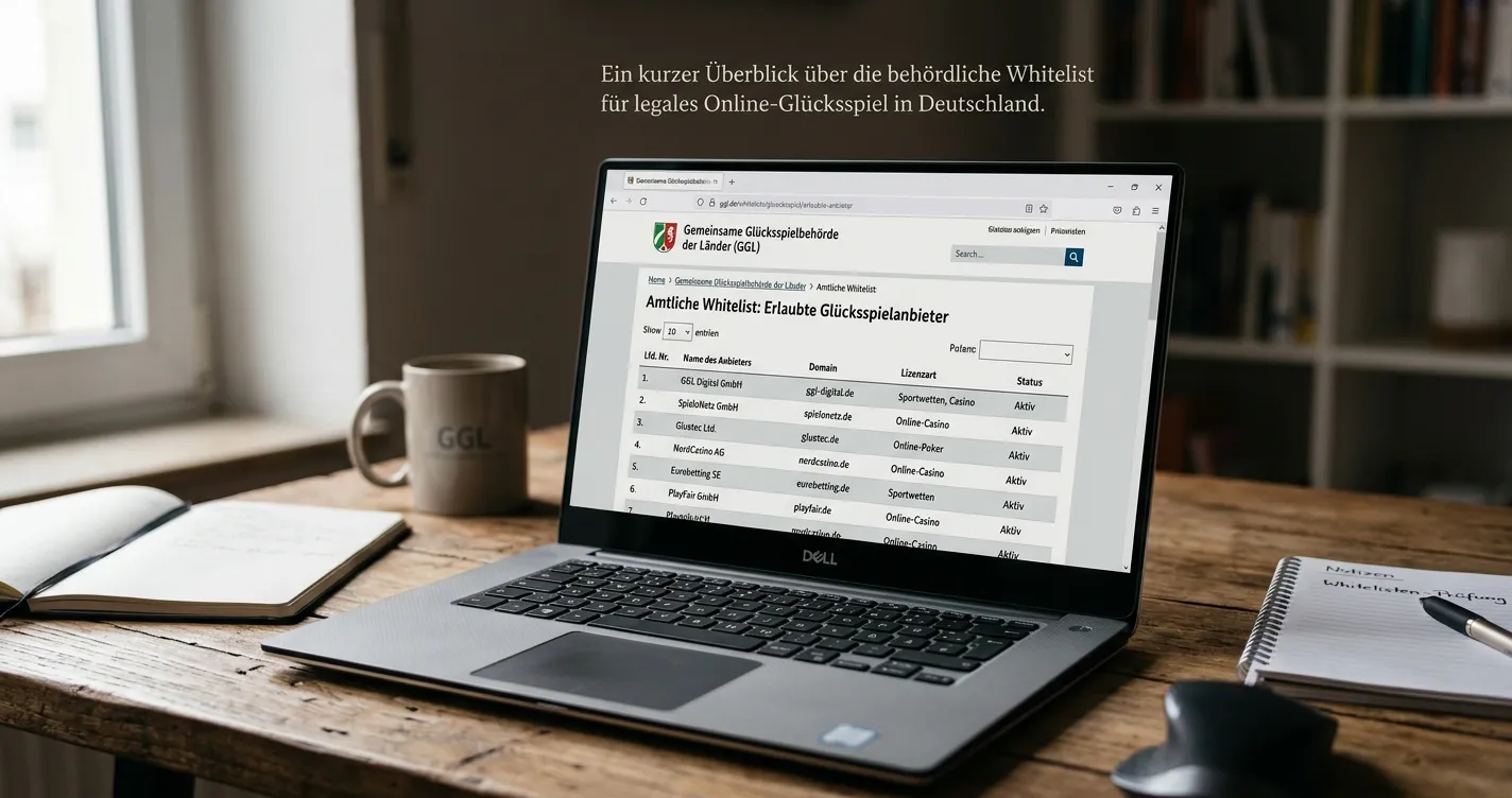 Offizielle GGL-Whitelist auf Laptop-Bildschirm mit lizenzierten Casino-Namen