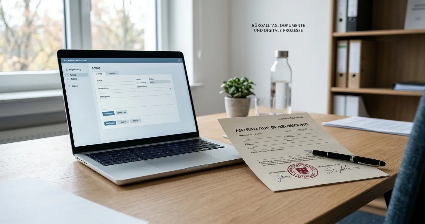 Neutraler Prüfschreibtisch mit deutscher Erlaubnisurkunde und Laptop