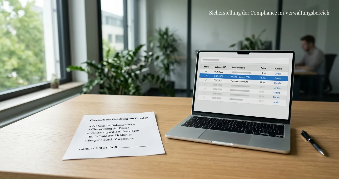 Abstrakte deutsche Prüfübersicht mit neutralem Dokument und Häkchen