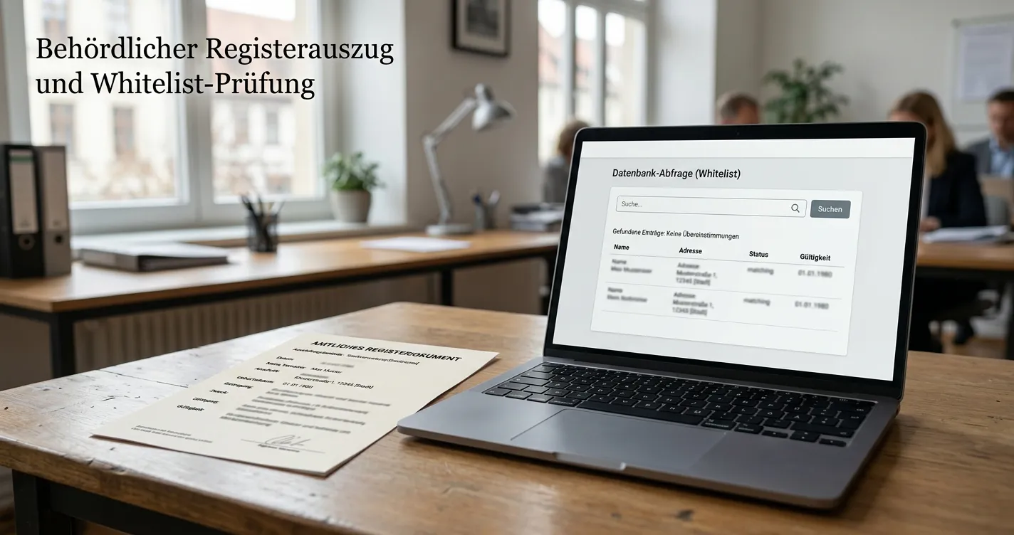 Neutrales Dokument und Laptop zur Prüfung eines deutschen Anbieterregisters
