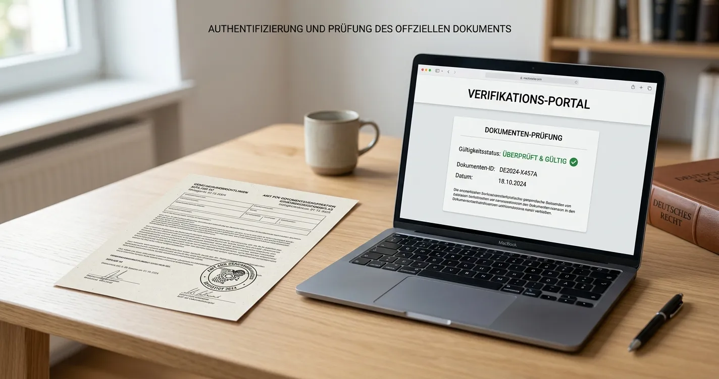 Neutrales Erlaubnisdokument neben Laptop und Prüfnotizen zu einer deutschen Website