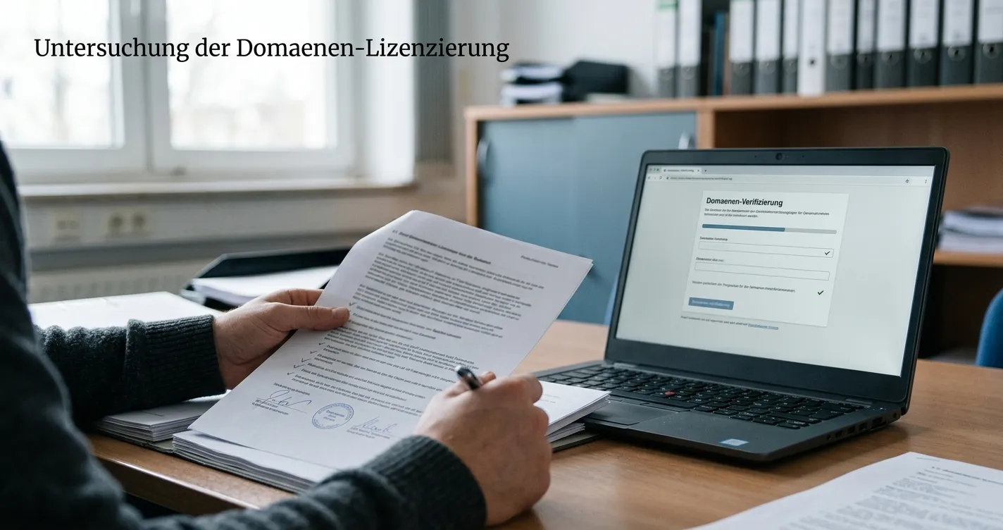 Person prüft neutralen Lizenznachweis und Domain am Laptop