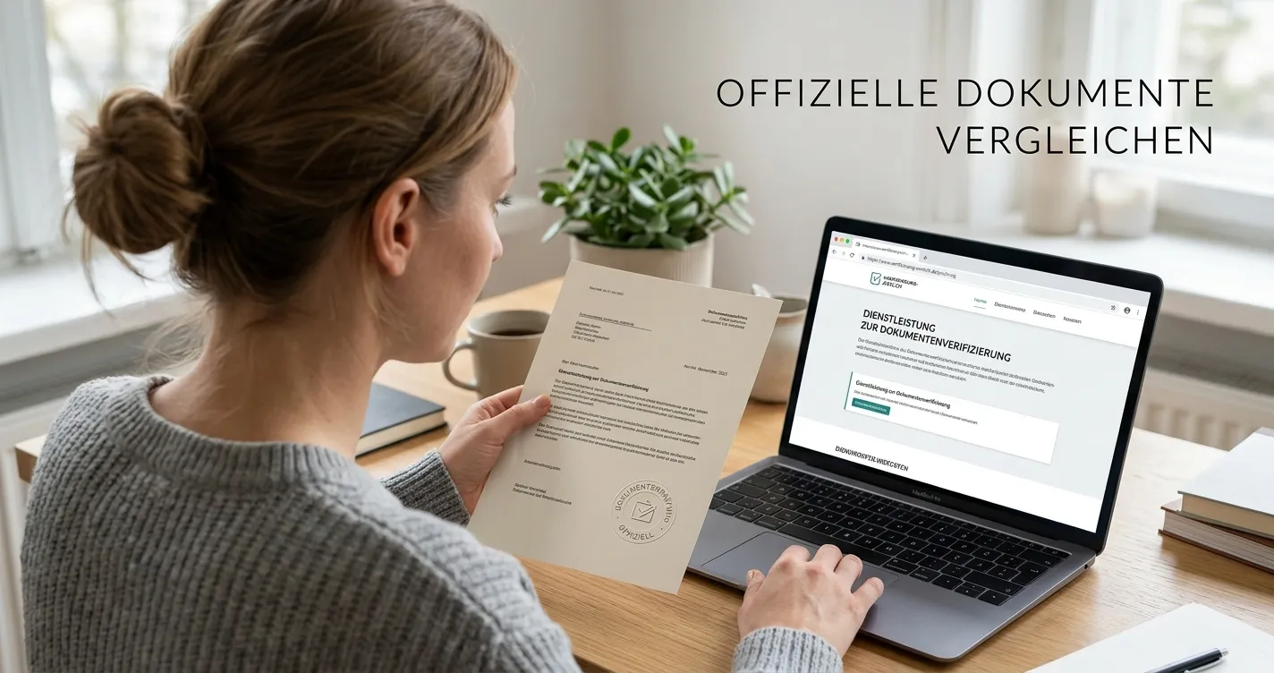 Person gleicht eine neutrale Lizenzurkunde mit einer Internetadresse auf einem Laptop ab