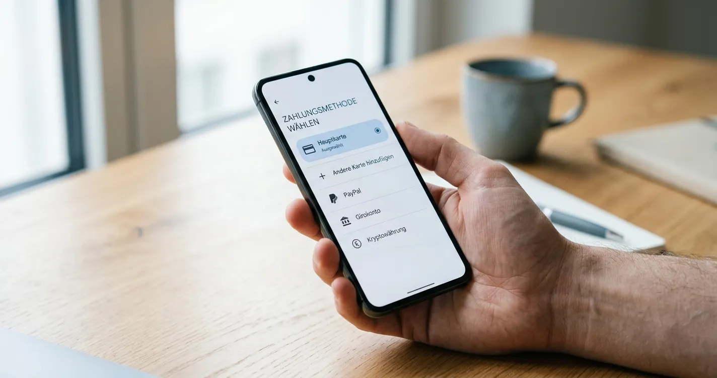 Neutrale Kassenansicht mit Google-Pay-Auswahl auf einem Android-Smartphone