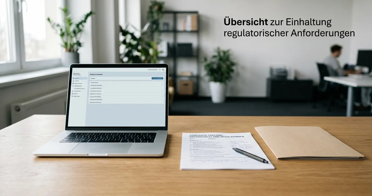 Schreibtisch mit GGL-Prüfliste und neutralem Laptop ohne Markenlogo