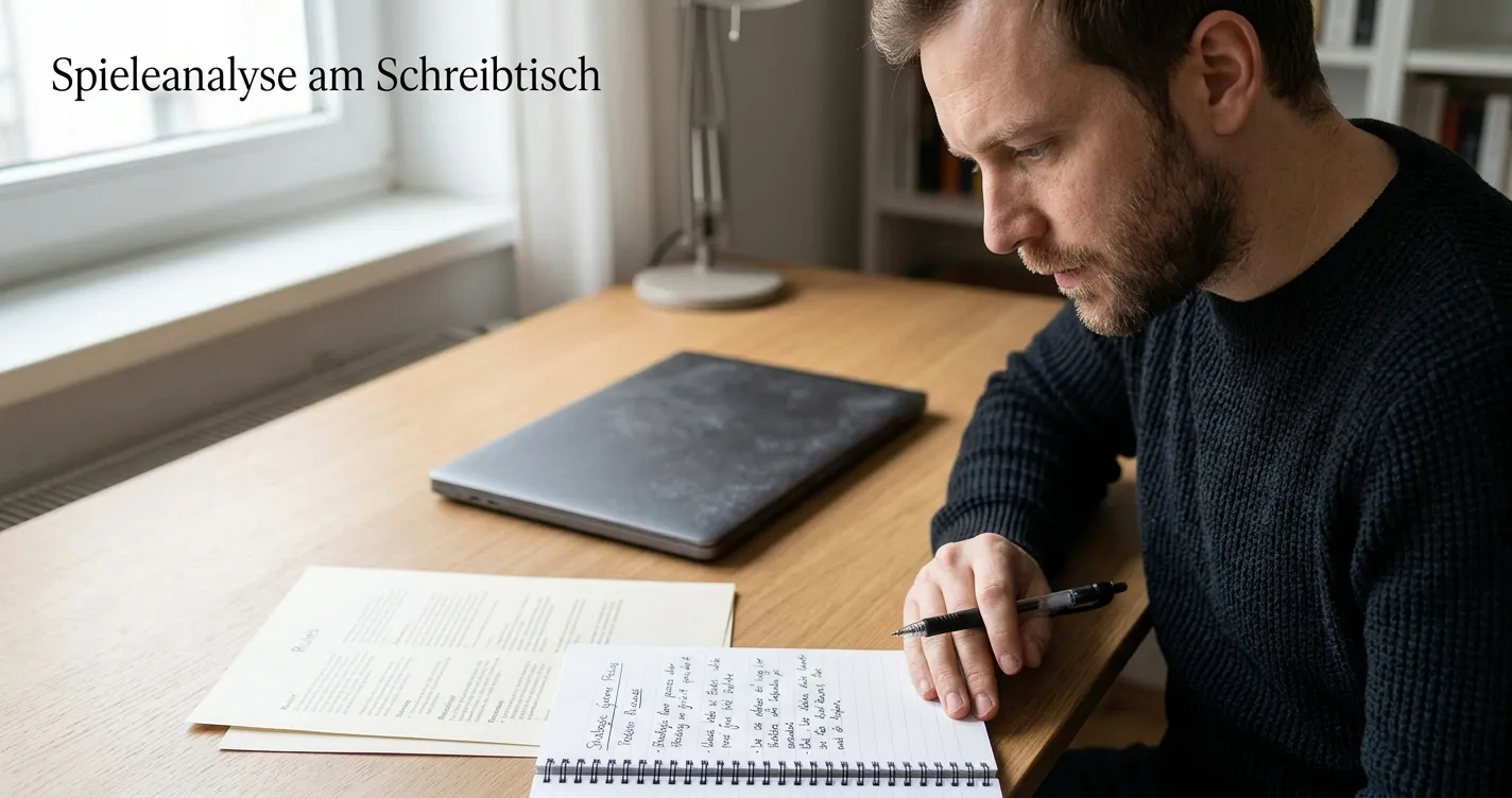 Schreibtisch mit Einsatznotizen, neutraler Regelübersicht und ruhiger Spielpause