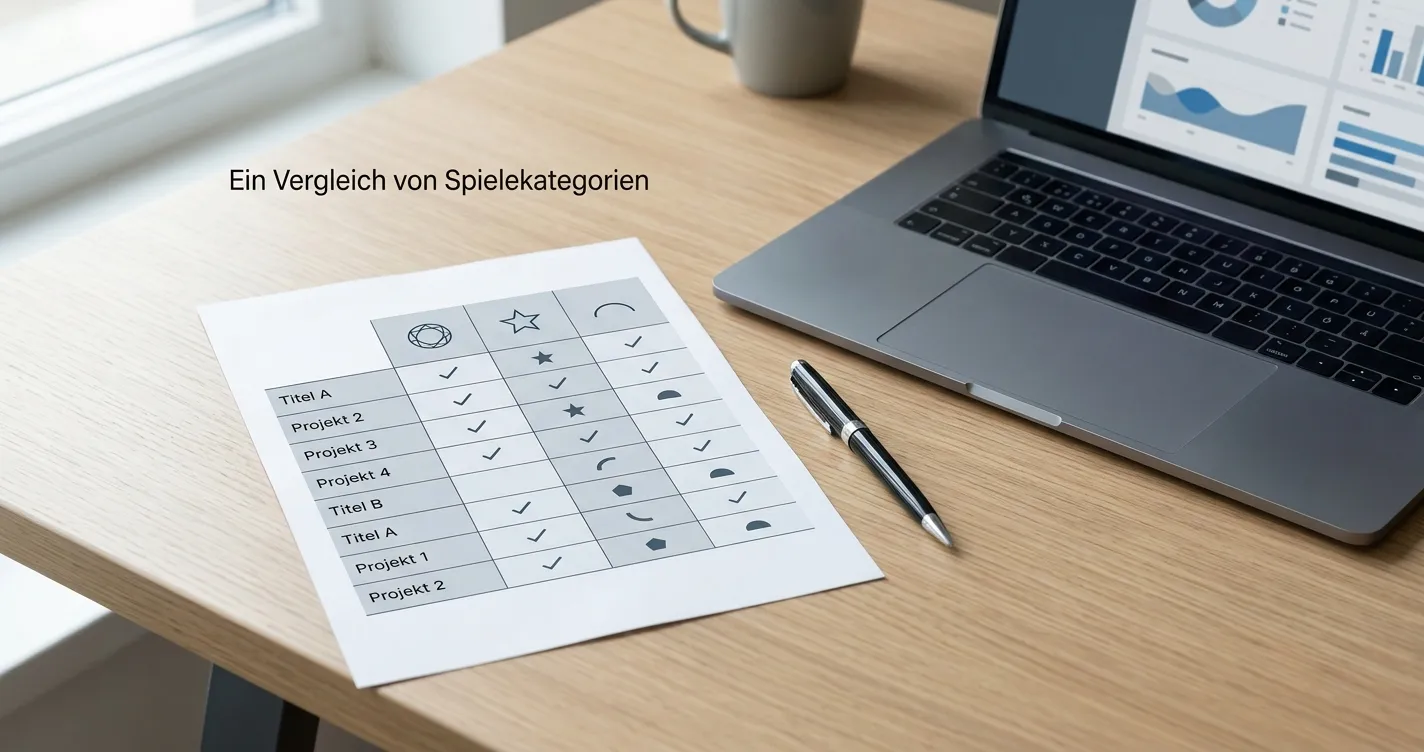 Geordnete Tabelle mit Spielnamen, Anbietern und Auszahlungsquoten auf einem Schreibtisch