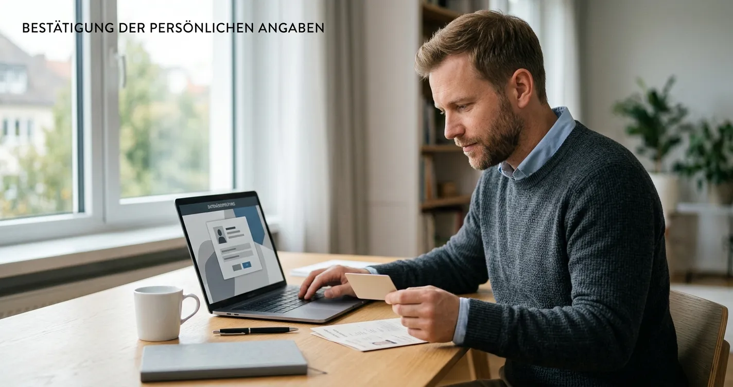 Person prüft persönliche Daten und Identitätsnachweis an einem aufgeräumten Schreibtisch