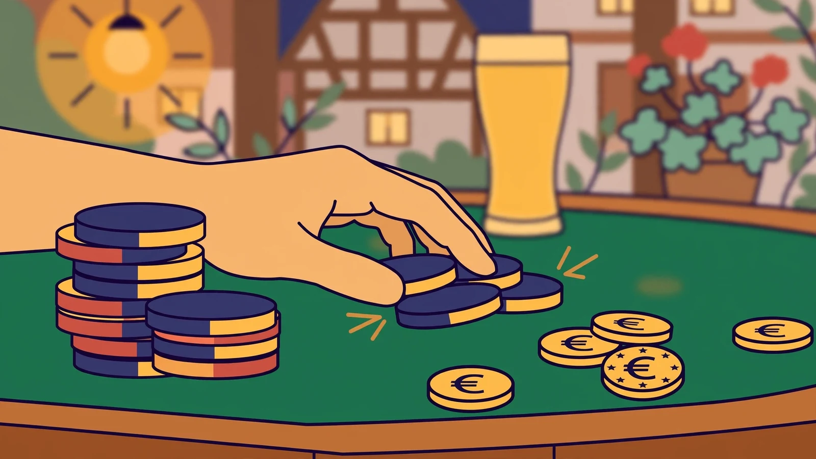 Stapel von Pokerchips auf grünem Filz mit zurückgeschobenen Chips und Euromünzen