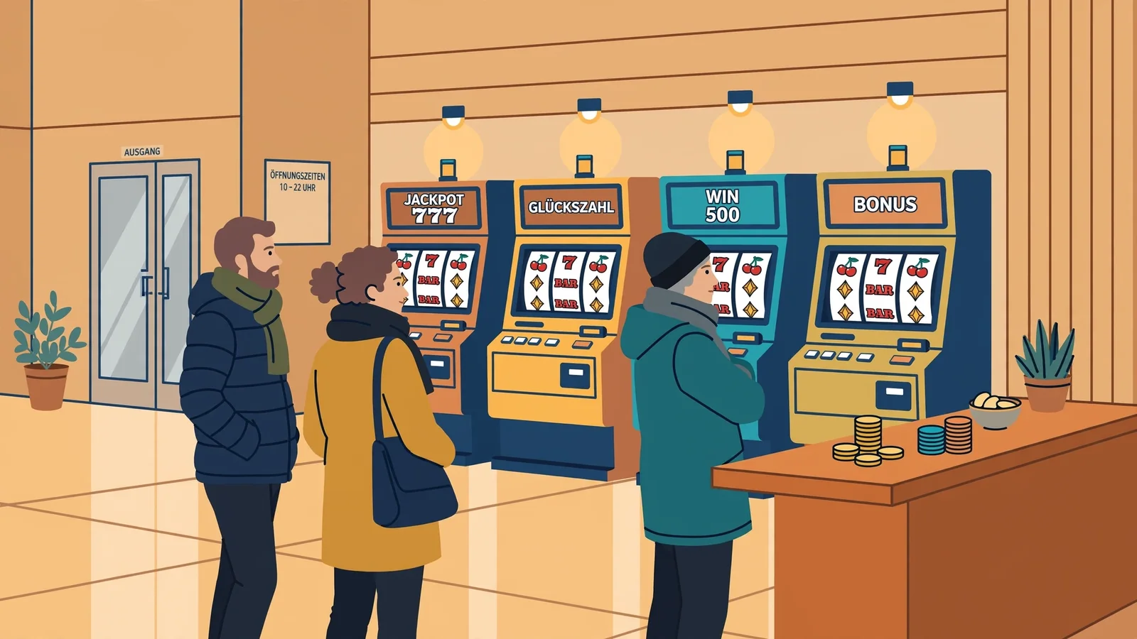 Reihe moderner Spielautomaten in einer deutschen Spielhalle mit Besuchern.