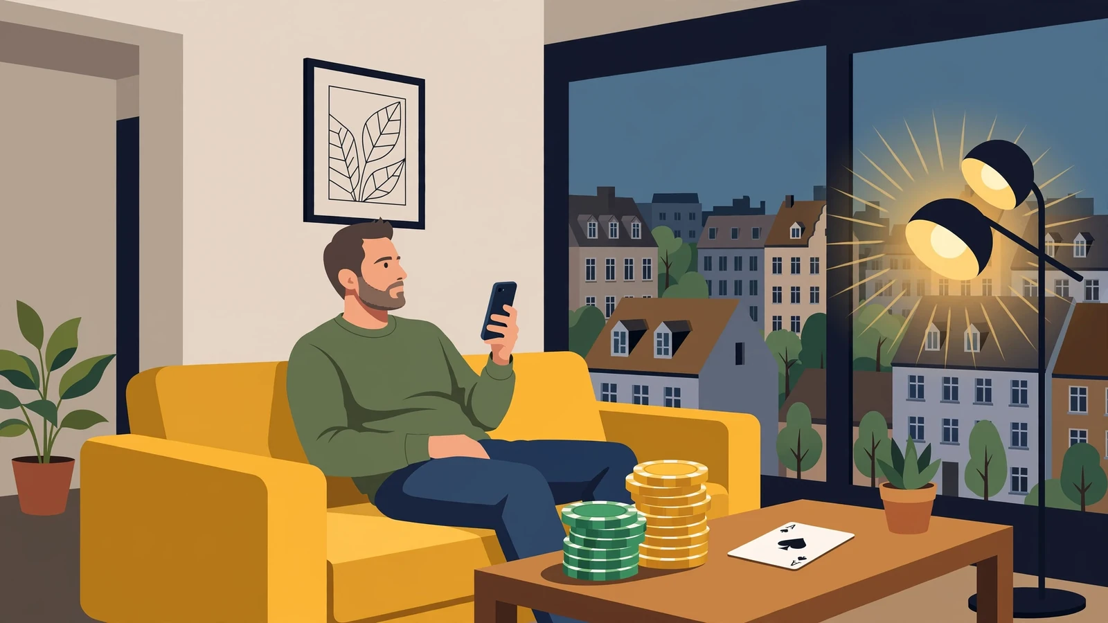 Entspannte Spielsitzung zu Hause mit Smartphone, Casino-Chips und Spielkarte auf dem Tisch