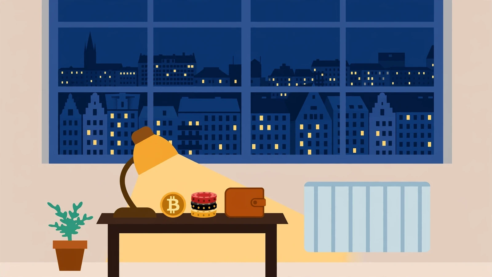 Bitcoin-Münze neben Casino-Chips auf einem Tisch in deutscher Wohnung