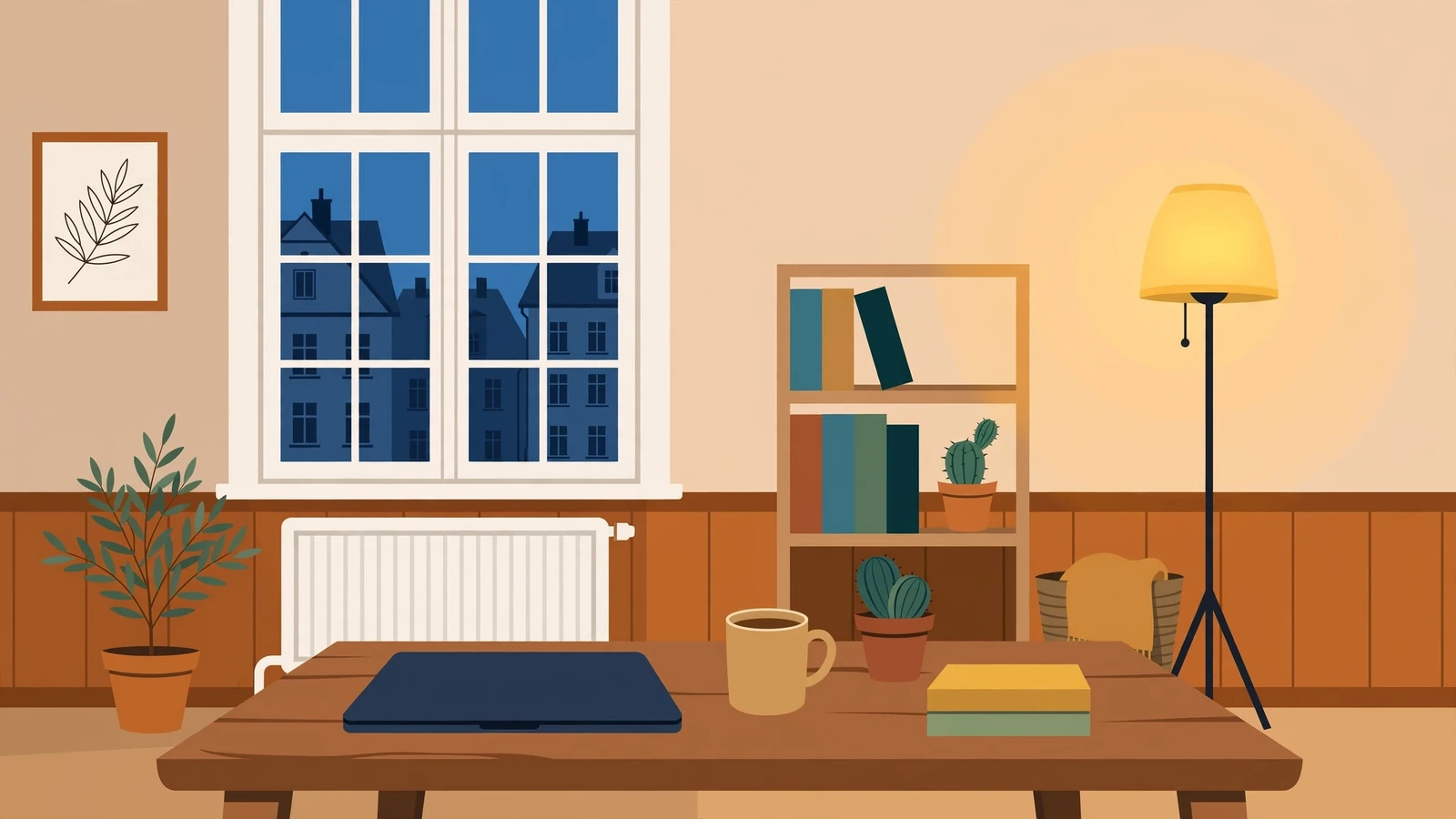 Modernes deutsches Wohnzimmer mit geschlossenem Laptop auf dem Couchtisch.